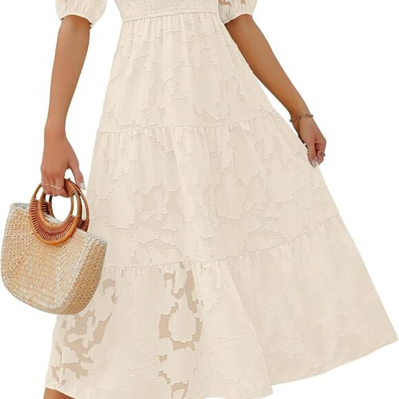 Women's 2025 Summer Short Puff Sleeve Crewneck Smocked Floral Lace Flowy A Line - Picture 1 of 7